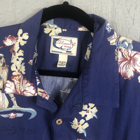 Vintage Hawaiian Shirt Mens 2X Blue Pinup Girls Retro Beach Bikinis Sailors - Picture 3 of 16